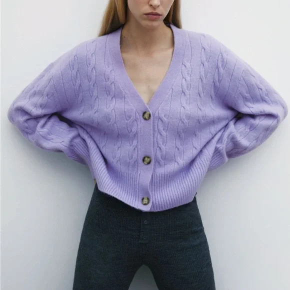 Zara Lavender Cable Knit Cardigan Cropped Grandpa Sweater Soft Cozy Scandi 6 - Picture 1 of 7